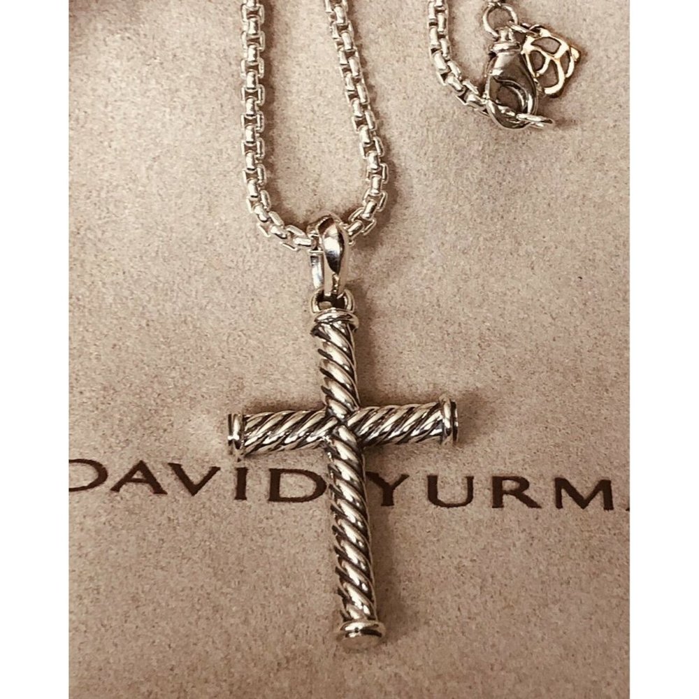 David Yurman 24”Box Chain Necklace & Cable Cross Pendant Sterling Silver DYPouch